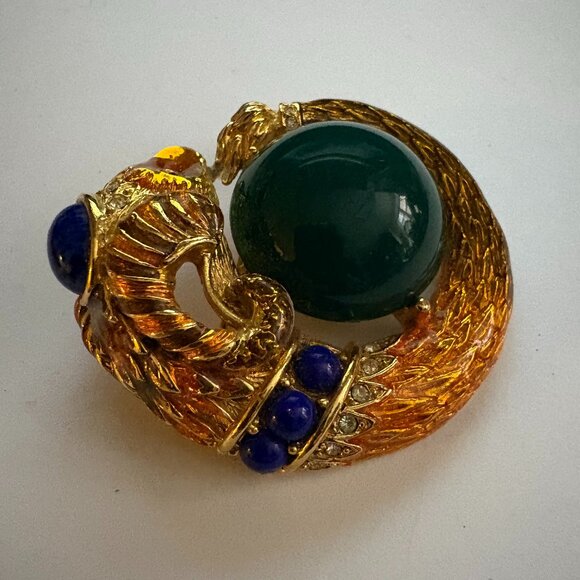 Vintage Gem Craft ram's head brooch in gold metal, enamel and glass stones - Picture 2 of 9